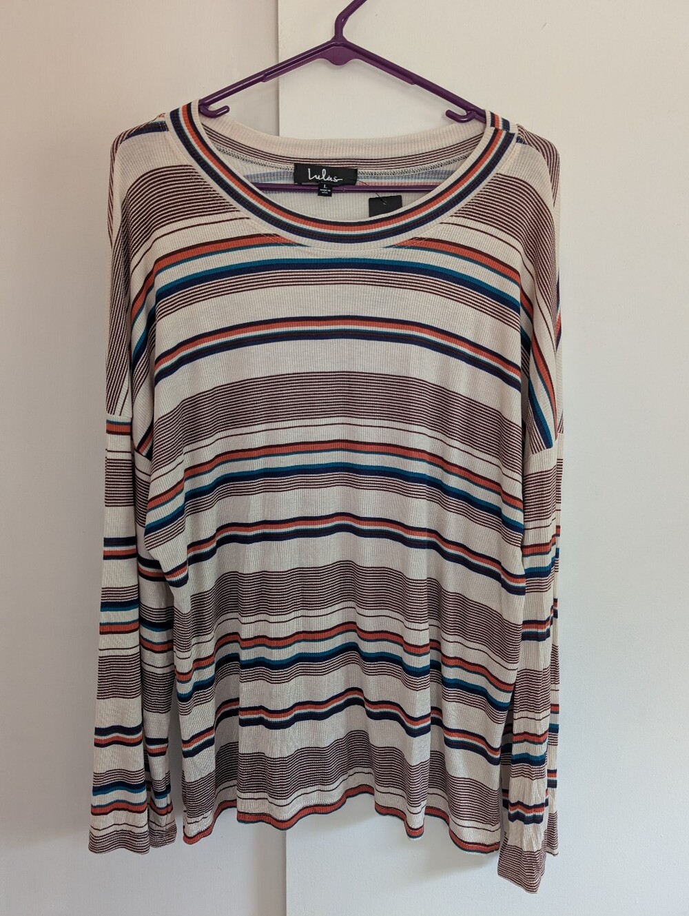 Lulu's Size Large Cream Striped Long-Sleeve Top Lightweight, Soft, Stretchy NWT